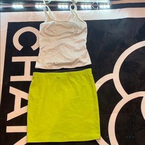 White Tank Top & Lime Green Mini Skirt.